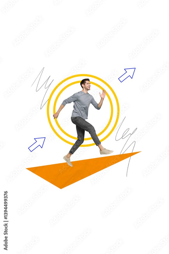 Poster vertical collage sketch of happy smiling successful guy running towards his dream goal isolated on d