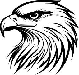 Powerful black and white vector illustration of a bald eagle's head in profile, showcasing its sharp gaze and detailed feathers. Represents freedom, strength, and American symbolism.
