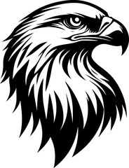 Powerful black and white vector illustration of a bald eagle's head in profile, showcasing its sharp gaze and detailed feathers. Represents freedom, strength, and American symbolism.