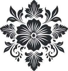 Elegant black and white floral pattern with symmetrical design and decorative motifs.