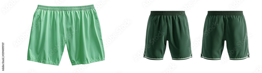 Poster minimalist mockups of green athletic shorts showcasing front and side views on a clean, white backgr