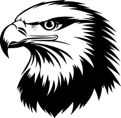 Powerful black and white vector illustration of a bald eagle's head in profile, showcasing its sharp gaze and detailed feathers. Represents freedom, strength, and American symbolism.