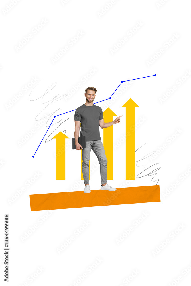 Poster Collage template sketch of happy smiling guy professional manager presenting diagram stats isolated on drawing background