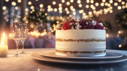 Elegant wedding cake, adorned with flowers, on a table with candles and glasses