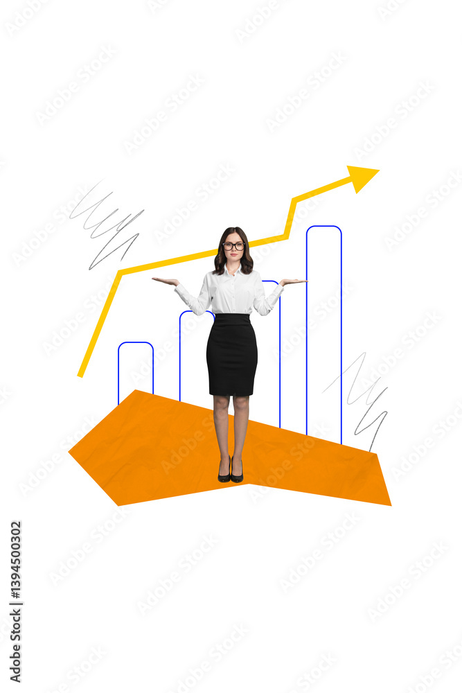Poster vertical collage picture of successful nice lady presenting results stats project startup isolated o