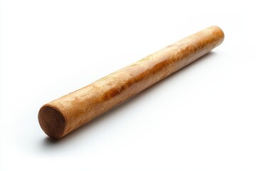 A wooden rolling pin rests isolated on a stark white background