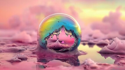 A glass bubble with a colorful world inside floats on a pink surface.
