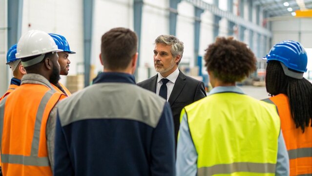 Diverse group of factory engineers having morning briefing with manager in industrial warehouse professional teamwork