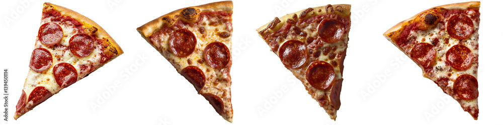 Poster slices of pepperoni pizza arranged on a white background for a minimalist presentation