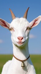 Obraz premium Portrait of a White Goat with Horns in a Field