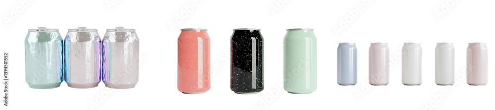 Fototapete minimalist mockups of colorfully designed beverage cans arranged in an isolated setting for product 