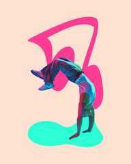 Artwork. Contemporary collage. Solo breakdancer performing handstand in front of dynamic music notes in pink and mint design. Concept of music rhythm, power, sport and individuality in freestyle.