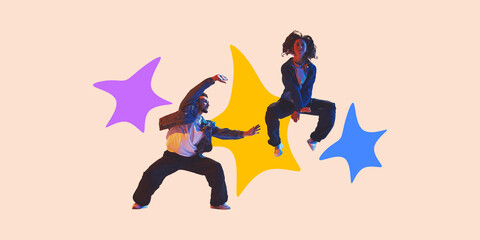 Contemporary collage artwork. Two street dancers jumping with bold expressions framed by starburst...