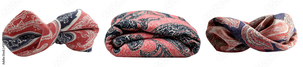 Poster collection of isolated minimalist mockups featuring intricately patterned scarves in various folded 