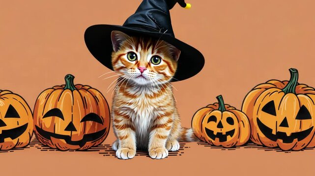 A ginger tabby kitten wearing a black witch hat sits on an orange background among carved pumpkins, perfect for a Halloween-themed design