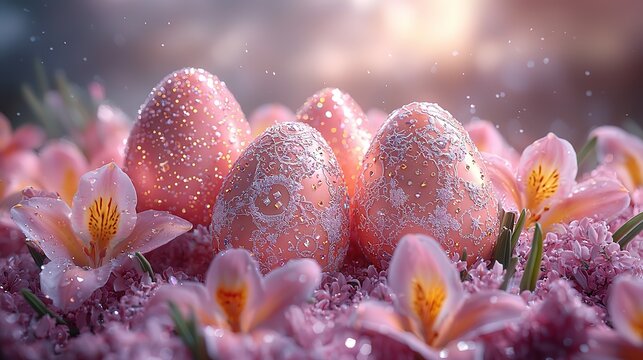 
Delicate egg patterns, lace, and pearls create an Easter card sophistication