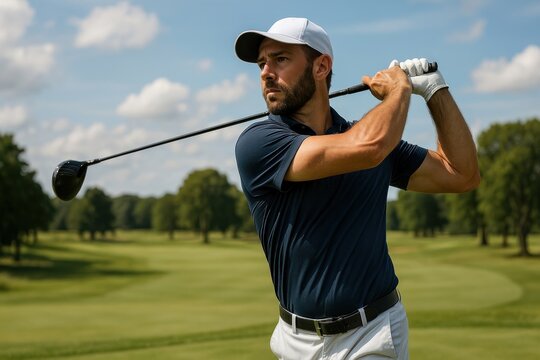 Focused golfer swinging club.