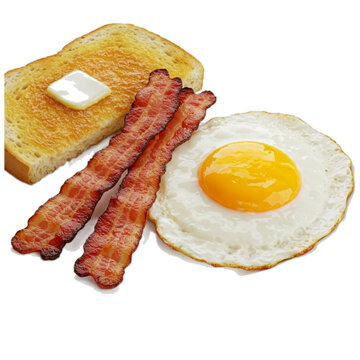 Delicious and Nutritious Single Serving Breakfast: Crispy Bacon, Sunny-Side Up Egg with Vibrant Yolk, and Buttered Toast on a Clean White Plate for Healthy Eating and Morning Nutrition