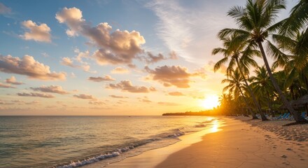 Tropical Sunset Beach Scene - Stunning sunset over a tranquil beach with palm trees, ideal for travel and vacation themes