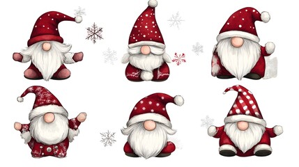 Six Adorable Christmas Gnomes Festive Winter Holiday Illustration