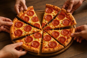 Pepperoni pizza shared among friends.