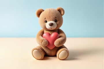 Minimalistische Szene mit pastellbraunem Teddybär, der ein pastellrotes Herz hält, auf pastellcremefarbenem Untergrund vor pastellblauem Hintergrund – niedliche, liebevolle Darstellung.