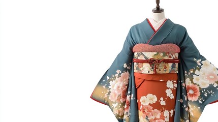 Naklejka premium Elegant teal and orange kimono with floral pattern on mannequin.