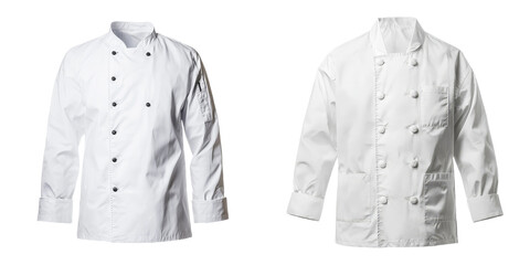 Minimalist mockups of two chef jackets displaying different styles and designs for culinary professionals
