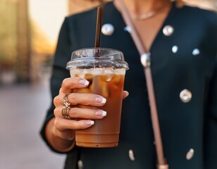 Eiskaffee to go in stylischer Hand
