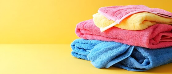 Soft Colorful Bath Towels Stack on Yellow Background
