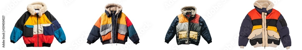 Poster vibrant minimalist mockups of stylish outerwear jackets in various colors and designs arranged on a 