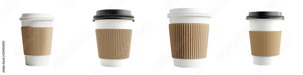 Poster minimalist mockup of coffee cups showcasing various designs and lids on a clean, isolated background
