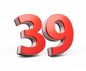 Bold Vibrant Red Number Thirty nine Number 39 With Metallic On White Background 3D Illustration