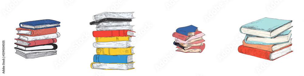 Poster minimalist mockups of stacked books in various colors and designs arranged on a white background