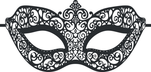 Elegant black ornate masquerade mask with intricate lace design for costume parties.