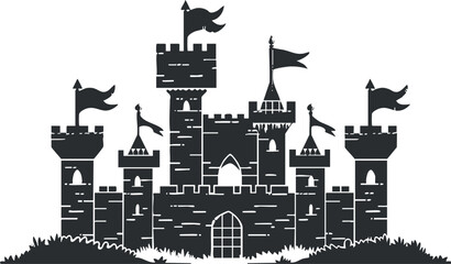 Obraz premium Silhouette of a medieval castle with multiple towers and flags, depicting historical architecture.