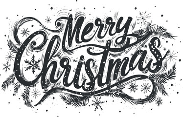 Fototapeta premium Merry Christmas typography with festive design elements, including snowflakes and pine branches.