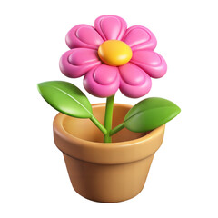 Naklejka premium 3D cartoon flower in a terracotta pot PNG. Terracotta Pot Flower Icon. Flower on Pot PNG.