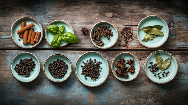 verity of herbs in small plates