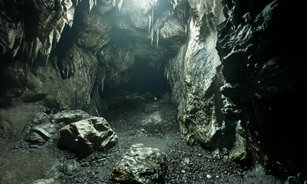 A first-person perspective of a hand reaching out in a mysterious, dimly lit cave.