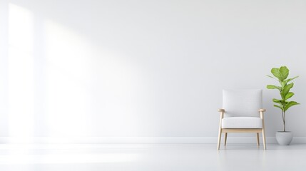 A minimalist white armchair positioned against a plain wall in a bright, airy room, with a green potted plant adding a touch of nature, and modern interior design concept.