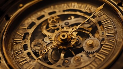 Obraz premium Intricate clockwork mechanism. Detailed view of gears, cogs, and hands