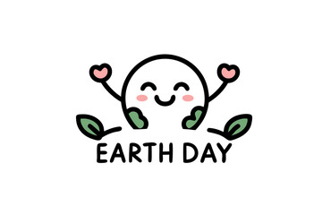 Earth Day colorful Earth character surrounded by hearts and plants, spreading eco friendly vibes