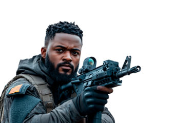 Military soldier aiming rifle isolated on transparent background