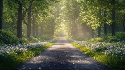 Obraz premium A serene forest pathway lined with vibrant greenery and wildflowers, illuminated by soft sunlight filtering through the trees.