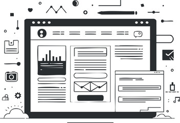 Fototapeta premium Monochrome illustration of a digital user interface template with various icons and elements.