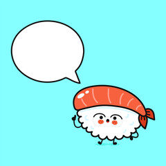 An adorable cartoon sushi character with a speech bubble, ready to share a message on a vibrant blue backdrop.