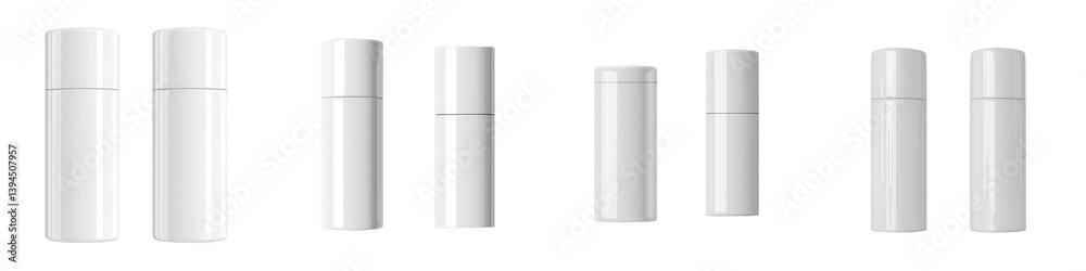 Fototapete Minimalist mockups of white cylindrical containers arranged in a sleek, isolated layout for product design concepts