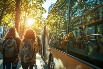 Obraz premium Commuters and Bus Stop. A group of people walks past a bus with golden sunlight filtering through trees.