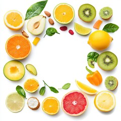 Vibrant fruit arrangement kitchen table food photography bright lighting top-down view freshness concept